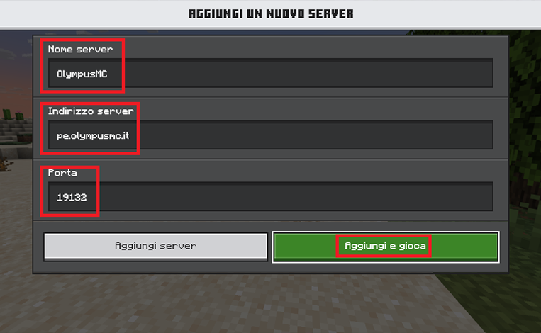 Come entrare su OlympusMC da Bedrock: Telefono, Windows 10 Edition, Pocket Edition